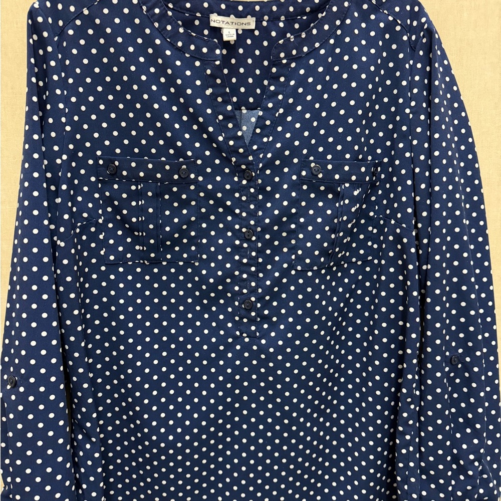 Notations Navy and White Polka Dot Blouse